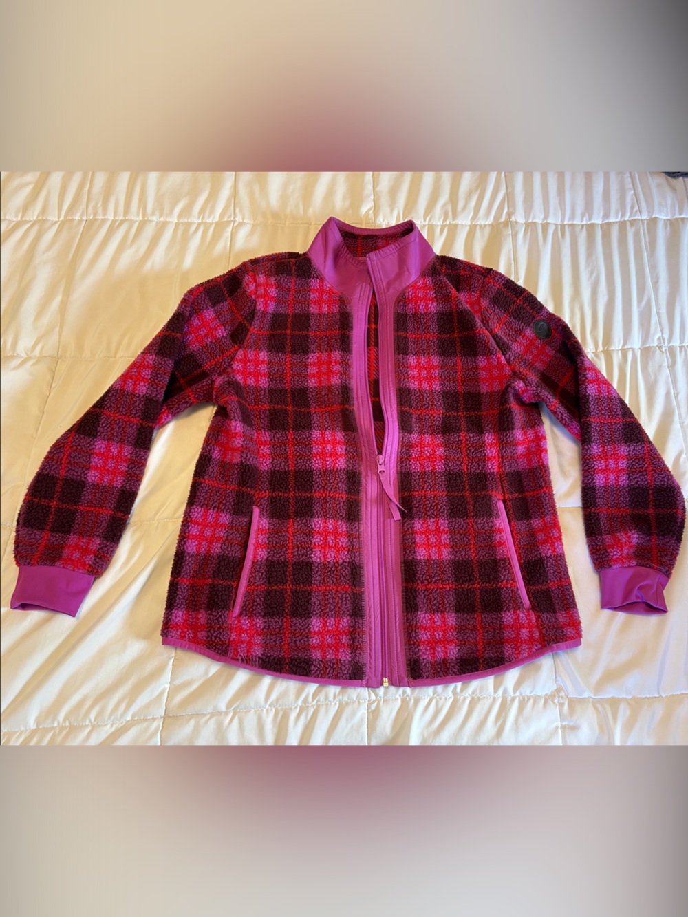 Talbots Pink and Dark Red Plaid Fleece Zip Jacket